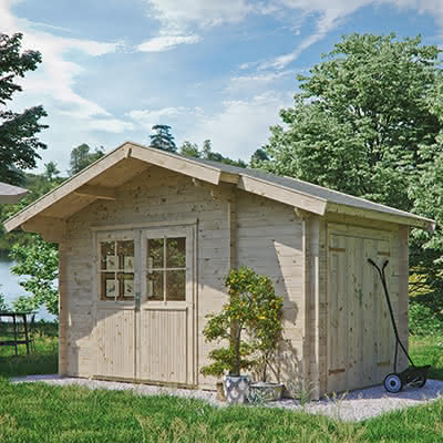 Holz Gartenhaus mit Anbau Chalet Plus 398x368 cm in 28 mm 398 x 368 cm | 28 mm