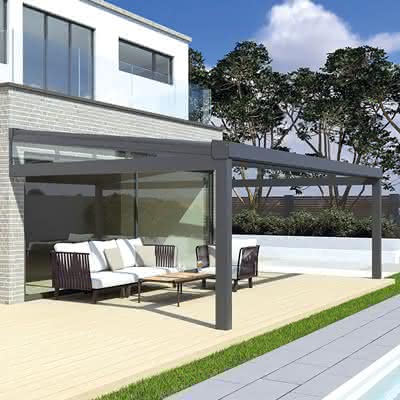 Aluminium-Terrassenüberdachung anthrazit, 400 x 350 cm, inkl. 16 mm PC-Stegplatten X-Struktur klar 400 x 350 cm